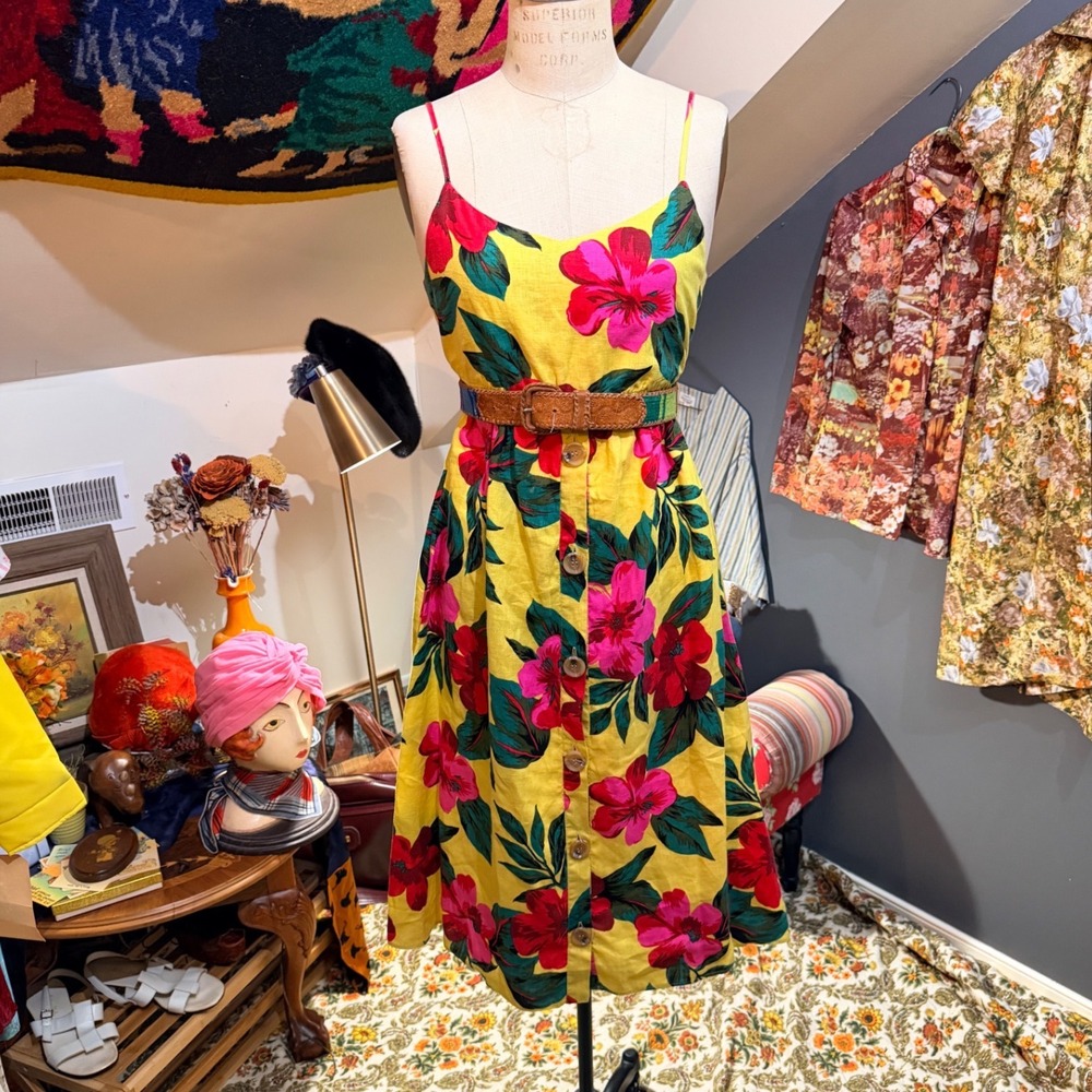 Neiman Marcus XS Yellow Floral 100% Linen Button Front Midi Sundress Tie Back